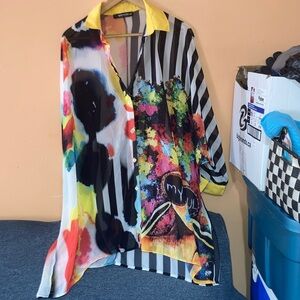 Graphic Print Sheer Button-Up Blouse - Yellow Multicolor